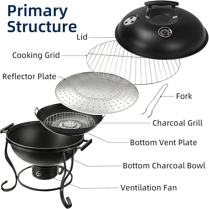 Portable Charcoal Grill with Built-In Thermometer, Adjustable Air Vent & Easy Cleanup, Portable BBQ Grill for Camping, Tailgating, Picnics and Small Backyard Cookouts, Easy-to-Carry Outdoor Grill