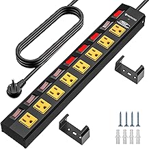 CRST 8-Outlet Metal Power Strip with Individual Switches, 1.77" Wide Spacing for Bulky Plugs, 1200J Surge Protector, 10FT Cord & Mounting Brackets for Home & Workshop (15A/1875W)