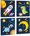 KAIRNE Outer Space Dinosaur Room Decor,Solar System Stars Wall Canvas Poster,Set Of 4 (8X10inch,framed) Planet Astronaut Art Print,Rocket Decor for Boys Room Toddler Kids Room Classroom Space Decor