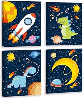 KAIRNE Outer Space Dinosaur Room Decor,Solar System Stars Wall Canvas Poster,Set Of 4 (8X10inch,framed) Planet Astronaut Art Print,Rocket Decor for Boys Room Toddler Kids Room Classroom Space Decor