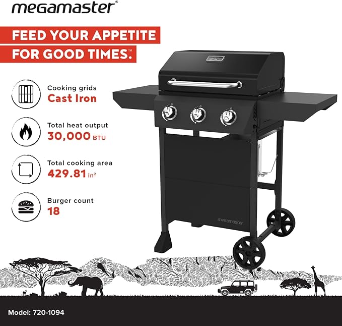 Megamaster 3-Burner Propane Gas Grill with Side Tables, 30,000BTUs, 429.81 SQ. In. Cooking Space, 2 Wheel Transport, Outdoor Kitchen Grill for BBQs, Backyards, Tailgating, and More - 720-1094