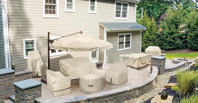 Porch Shield Fire Pit Cover - Waterproof 600D Heavy Duty Fade Resistant Round Patio Fire Bowl Cover Beige - 28 inch