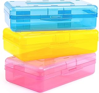 Sooez 3 Pack Pencil Case, Large Hard Pencil Box Bulk, Clear Crayon Box Marker Pen Organizer, Plastic Storage Container with Snap Lid, Art Craft Organizer Back to School Supplies, Colorful