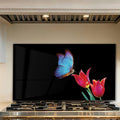Tempered Glass Backsplash for Kitchen, Blue butterfly, Frameless, Stove Backsplash Protector for Wall,Easy to Clean, Home Decor (30"x18")