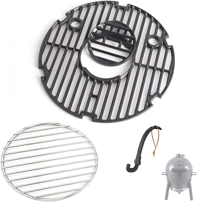 SafBbcue Round Cast Iron Grill Grate for Char-Griller AKORN Jr. Portable Kamado Charcoal Grill and Smoker Replacement Parts, Charcoal Grate for Kamado Akorn E86714 Grills Accessories, with Grid Lifter