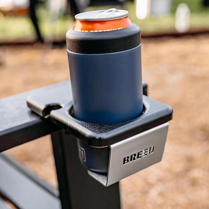Breeo OutRig Cupholder - Outdoor Drink Holder for Camping Chairs - Black Poly Lumber & Stainless Steel - USA Made for Campfire & Fire Pit Use - Weather Resistant, Universal Attachment, Handmade
