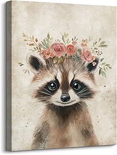 Cute Raccoon Print Wall Art Decor Retro Animal Portrait Poster Funny Raccoon with Wreath Picture Painting Farmhouse Woodland Animal Artwork for Baby Room Nursery Home Office Decoration 12x16inch