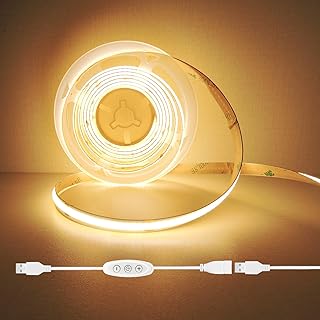 USB Light Strip Warm White 3000K CRI 92+ Small Dimmable COB LED Strip Light Cuttable 5V USB Powered 6 ft 10W for TV Backlight Cabinet Bedroom Indoor DIY Lighting Project
