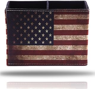 American Flag Desk Organizer, PU Leather Retro Vintage Cool Supplies, Patriotic Decor Pen Pencil Holder Office Home Accessories (USA Flag)