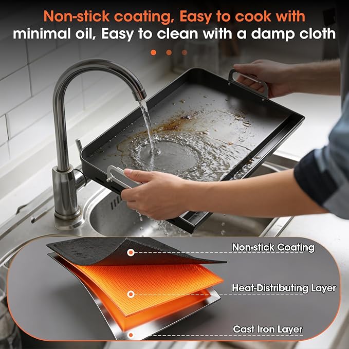 EUTRKei 23" x 16" Nonstick Griddle for Gas Grill, Heavy-Duty Cast Iron Griddle for Stove Top with Grease Groove, Reinforced Flat Top & Effortless Cleanup, for Parties, Camping &Tailgating