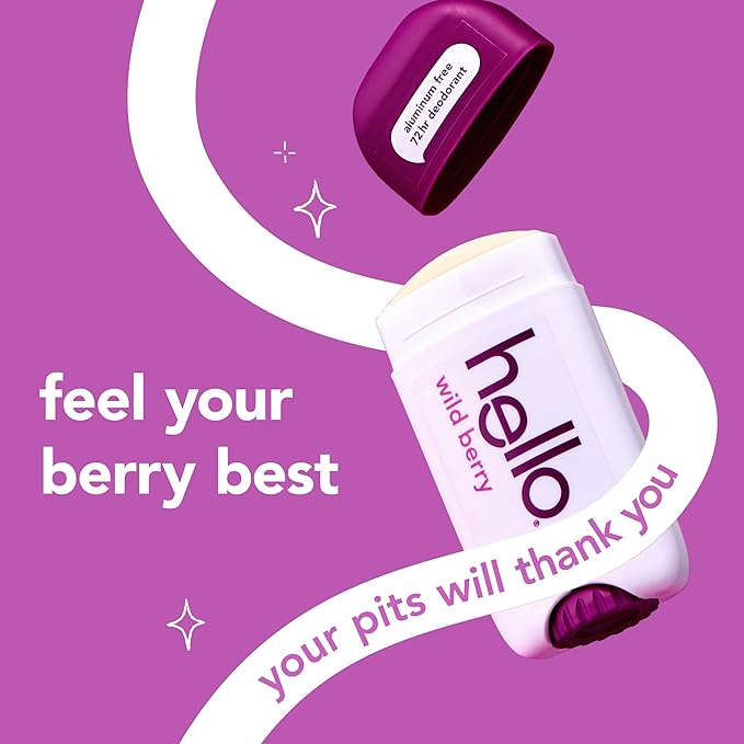 hello Wild Berry Aluminum Free Deodorant for Women and Men, 72-Hour Deodorant, Only 9 Ingredients, Baking Soda Free, Enriched with Shea Butter, Vegan, 2.6 oz Stick Deodorant (2 Pack)