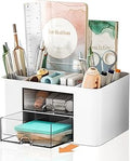 Cayxenful Pencil Pen Holder for Desk,2 Drawer Desk Organizers,5 Compartments Desktop Storage Stationery Supplies Organizer, Cute Pencil Cup Pot For Office, School, Home(White)