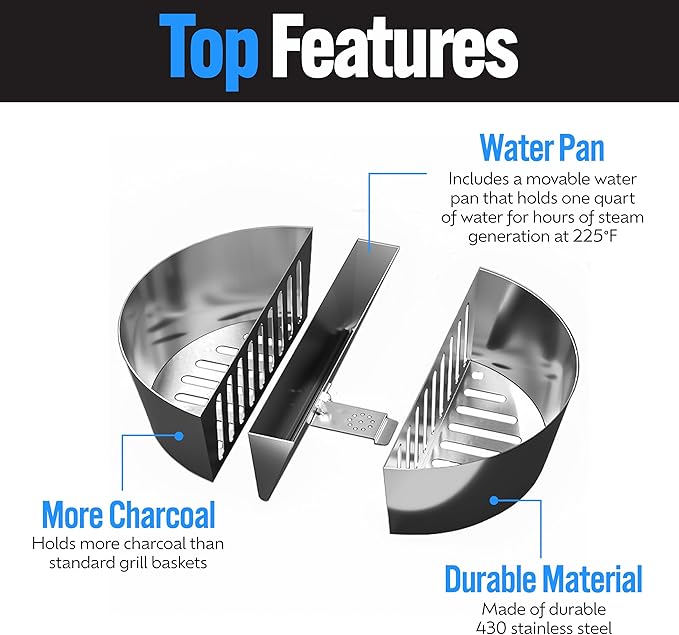 SnS Grills Slow ’N Sear FireBaskets with Water Pan – Heavy Duty Stainless Steel Charcoal Basket for 22" Weber & Similar Kettle Grills – Two Zone Cooking & Heat Management