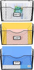 PAG 3 Pockets Hanging File Holder Wall Mount Mail Organizer Metal Chicken Wire Magazine Rack with Tag Slot, Black