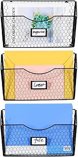 PAG 3 Pockets Hanging File Holder Wall Mount Mail Organizer Metal Chicken Wire Magazine Rack with Tag Slot, Black