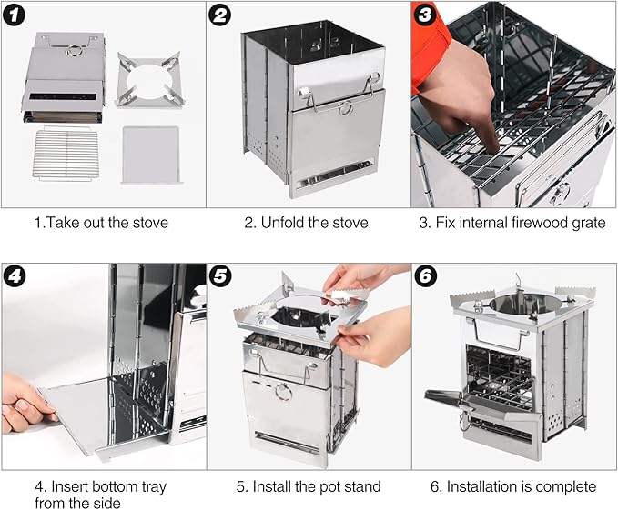 Large Portable Camping Wood Stove for Cooking, 304 Stainless Steel Folding Lightweight Wood Burning Stove with Grid and Pot Stand for Outdoor Camping Hiking Backpacking BBQ Picnic