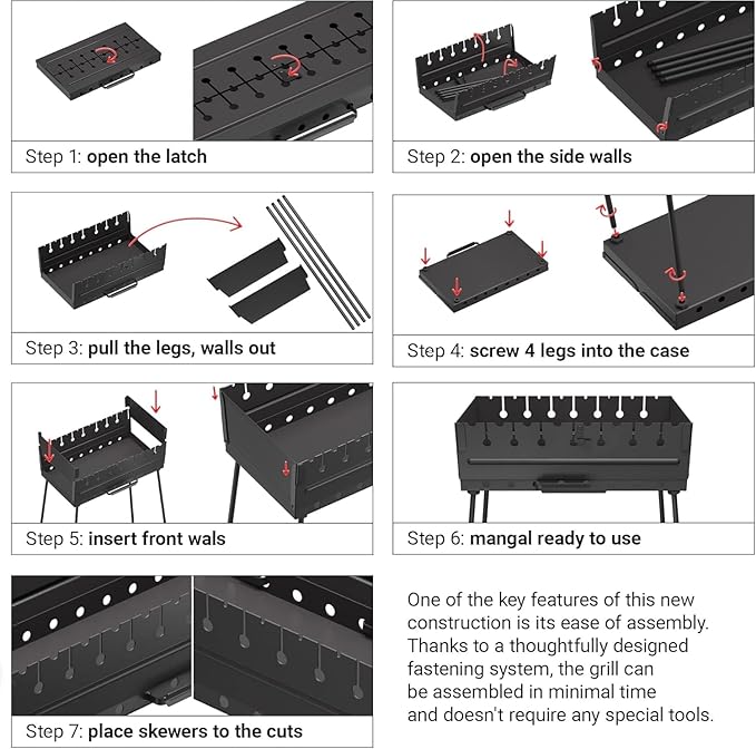 MHH Charcoal Grill for 8 Skewers - Portable Barbecue 16.9""×11.8""×16.9"" Kabob Camp Grills - Foldable Metal Mangal - Kebab Shish - BBQ for EDC Picnic Outdoor Cooking (Skewers Not Included)