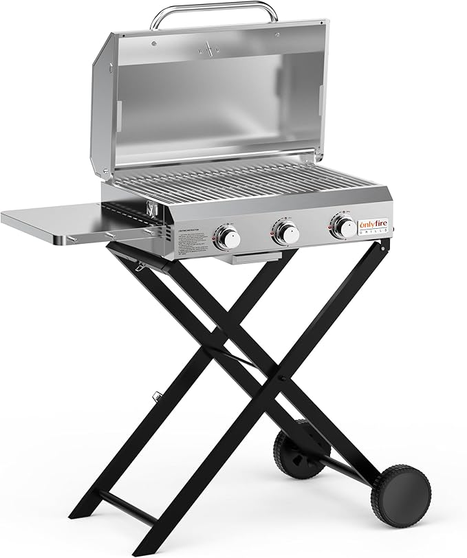 BBQ Gas Grill 3-Burner with Foldable Cart & Side Table, Premium Portable Propane Grill with 22" Cooking Grate for Outdoor Patio Backyard Barbecue Camping Tailgating RV, Stainless Steel, Classic GS308