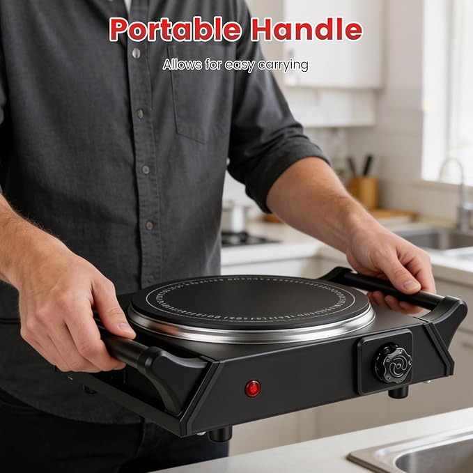 1000W Electric Single Burner, Silicon Crystal Glass Hot Plate Cooktop with 5 Temperature Stepless Adjustments Portable Handles for RV/Home/Camp (Single Burner)