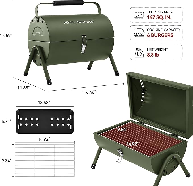 Royal Gourmet CC1015L Portable Charcoal Grill, 147 Sq. In. Cooking Area, with Four Air Vents, Lid Latch Buckle, Lid Handle, for Outdoor Backyard, Patio Parties and Picnics, Olive Green