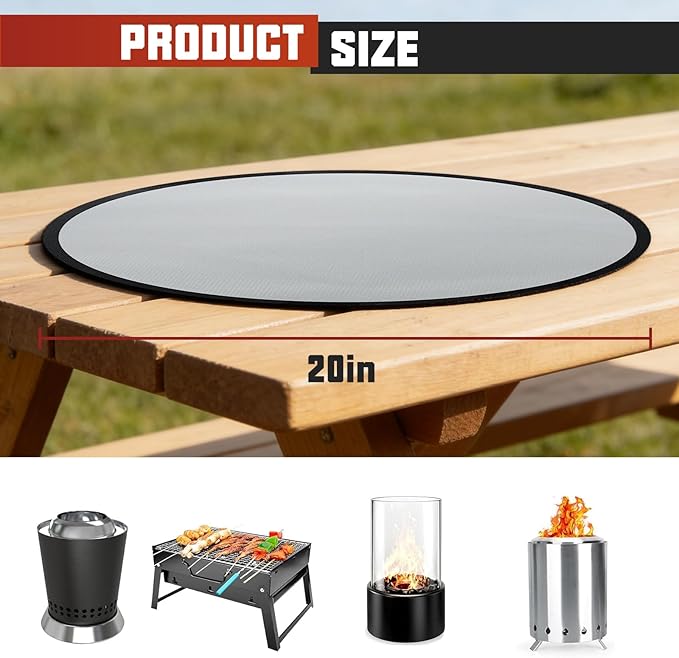 20" Tabletop Fire Pit Mat for Solo Stove Mesa XL, Easy Clean Small BBQ Mat for Outdoor BBQ， Reusable Waterproof Pad， Three-Layer Fireproof and Heat-Resistant Barbecue Mat for Tabletop Fire Pit-Silvery