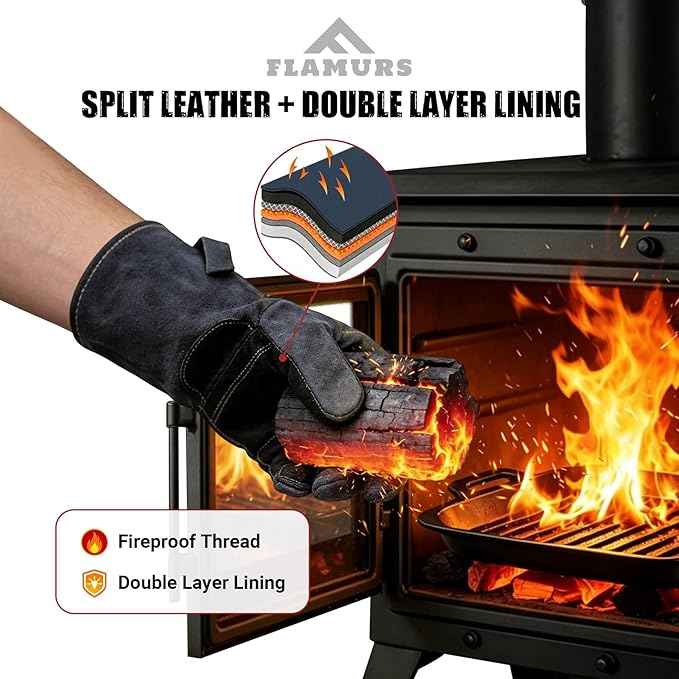 16-Inch Leather Firewood Gloves - Double Layer Full Lining with Fireproof Thread Stitching - for Smokeless Fire Pit Outdoor Cooking, Welding, Bite & Scratch Proof Against Pets - Black, G0301
