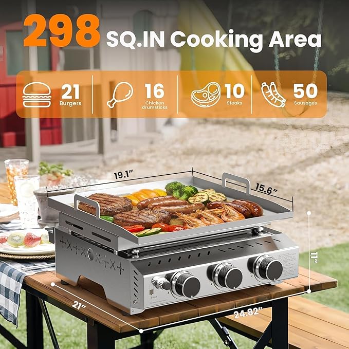 COWSAR 3-Burner Portable Tabletop Grill, 24000 BTU Stainless Steel Non-Stick Outdoor Portable Propane Griddle for Camping RV Backyard BBQ