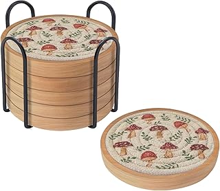 Mushroom Coasters for Drinks Absorbent, Eykao Cute Cottagecore Coasters Set of 6, Wood Coasters with Holder, Farmhouse Coasters for Coffee Tables, Home Decor, Housewarming Gift, 4.3 inches