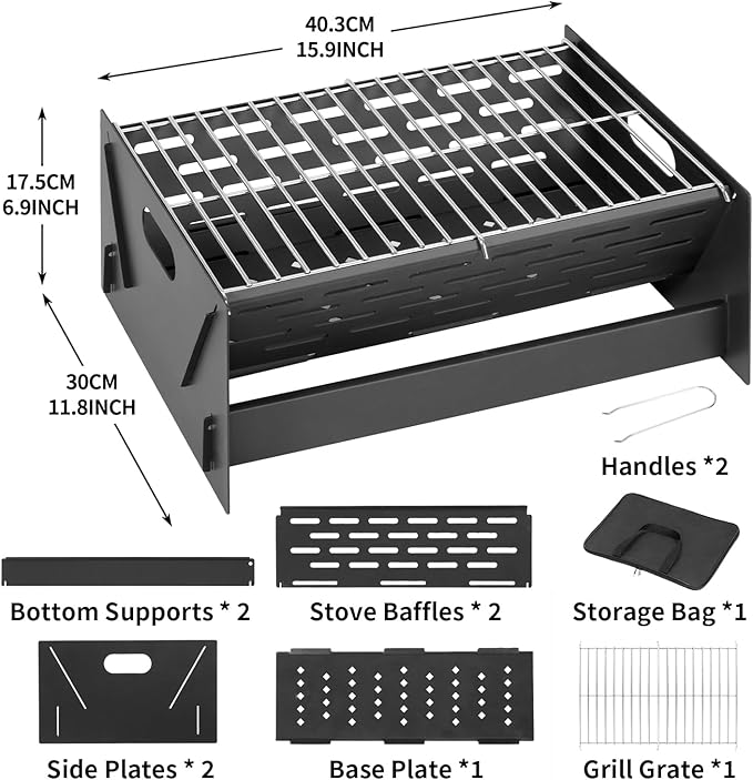 15.9" Foldable Portable Camping Charcoal Grill - Rust-Resistant Compact Tabletop Grill with Detachable Grate & Quick Assembly for Outdoor Cooking BBQ Smokes Beach Patio Backyard