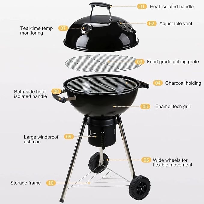 Charcoal Grills 18 inches Kettle Grill with Lid&Large Ash Collector,Outdoor Barbecue Grill for Camping/Garden/Party/Poolside