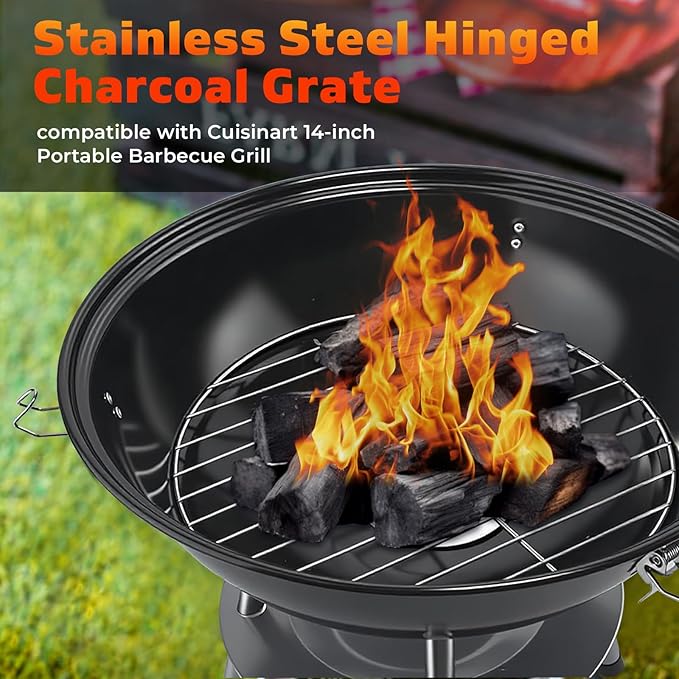 Stainless Steel Hinged Cooking Grate Charcoal Grate compatible with Cuisinart 14-inch Portable Barbecue Grill (A set)