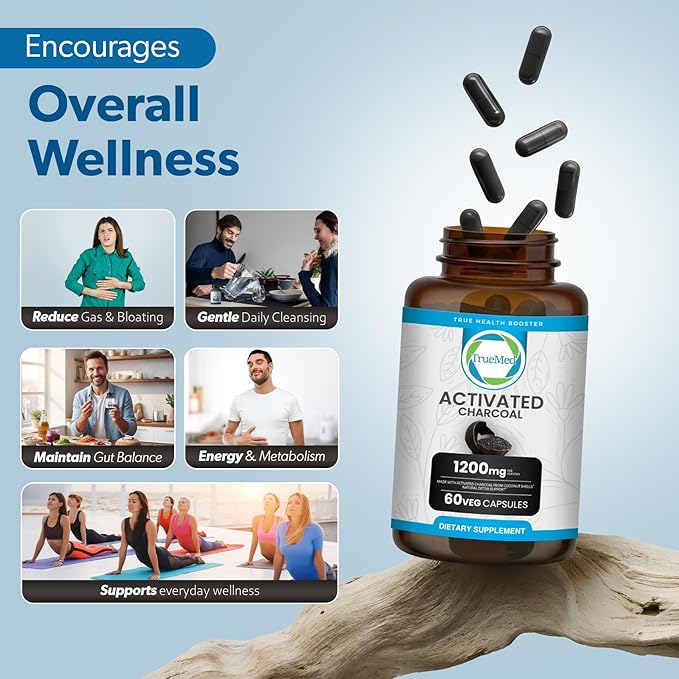 Activated Charcoal Capsules 1200 mg – Organic Activated Charcoal Pills Derived from Coconut Shells for Stomach & Digestive Support – Natural Detox & Bloating – Made in USA – 60 Capsules