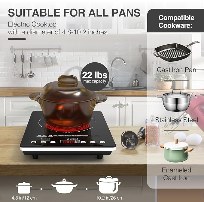 ANHANE 1800W Electric Cooktop, 110V Single Burner Stove with Overheat Protection and Adjustable Power Levels - Portable Ceramic Stove for Kitchen, Travel, RV
