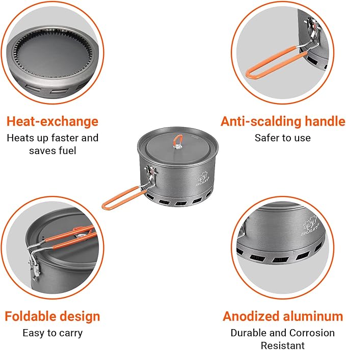 Bulin Camping Pot, 1.5L/2.1L High Efficiency Backpacking Pot Ultralight Camping Cooking Set Cookware Gear with Heat-Proof Handle & Heat Exchanger for Outdoor Picnic Hiking Travel