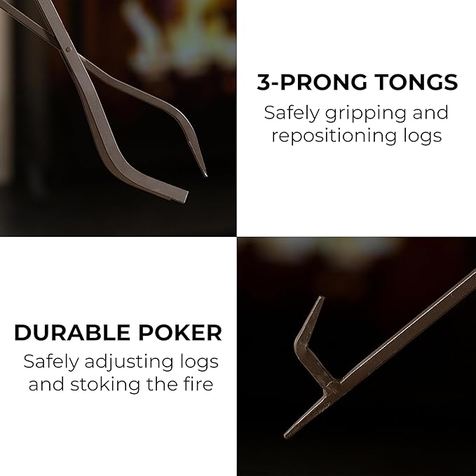 Plow & Hearth 5 Piece Hand Forged Iron Fireplace Tool Set 27.5" | Bronze Wrought Iron Handle for Outdoor Indoor | Stand Poker Shovel Brush Log Tongs Wood Stove Accessory