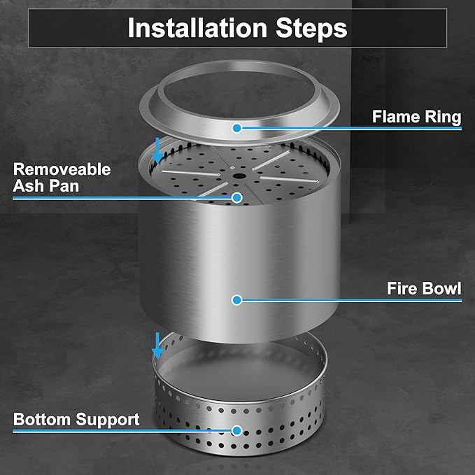 15 inch Smokeless FirePit with Waterproof Bag & Poker, Stainless Steel Outdoor Smokeless Fire Pit, Wood Burning Fire Pit for Patio, Camping, Backyard