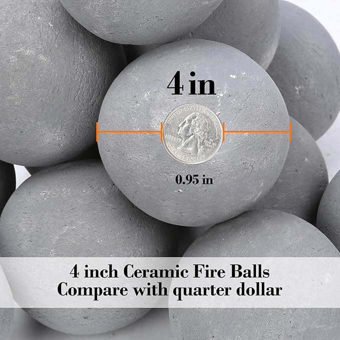 GRISUN 4-Inch Grey Round Ceramic Fire Balls – Tempered Firepit Spheres for Natural & Propane Fireplaces, Safe for Indoor & Outdoor Use, Reusable Set of 12 Decorative Fire Pit Accessories