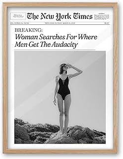 iHery Framed Trendy NewsPaper Wall Art, Large 16x20in Canvas Wall Art,Beige OAK Wood Retro Vintage Magazine Artwork,Woman Searches For Where Men Get The Audacity,Bedroom Bathroom Decor 1Pack