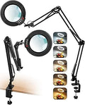12X Magnifying Glass with Light and Clamp, Ultra Long 3 Section Swing Arm LED Desk Lamp, Real Glass Lens, 5 Color Modes Dimmable, Hands Free Lighted Magnifier with Stand for Repair Craft Close Work