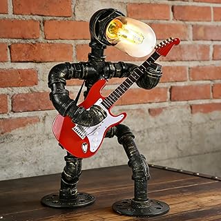 Steampunk Table Lamp with Mini Electric Guitar, Cool Gifts for Music Lovers, Creative Steampunk Lamp Electric Guitar Table Lamp Decor Retro Light Industrial Robot Light