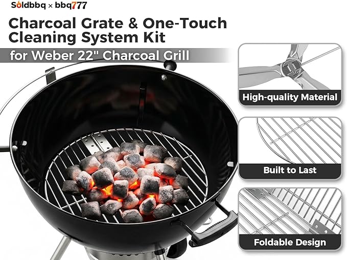 7441 Folding Replacement Parts Grill Grate & 7444 One-Touch Cleaning System Kit for Weber 22-1/2-Inch Charcoal Kettle Grill, Stainless Steel Grate for Weber Kettle Parts for 22'' Charcoal Grill, Charcoal Kettle Accessories
