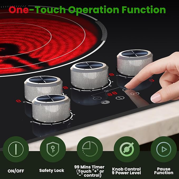 Electric Cooktop 36 Inch Karienvir, 5 Burner 9200W Electric Stove Top with Dual-Ring & Triple-Ring Burners, 220V-240V Hardwired Cooktop, 36" Cook top With Knob Control 9 Level Power, Timer, Lock