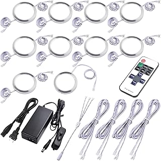 Under Bar Lighting, Workspace Accent Light Kit, 120V Cabinet LED Puck, Daisy Chained Linkable, Plug-in & Hardwiring, Wireless RF Remote Control Dimmable, White Cables, Daylight, 10 Lights