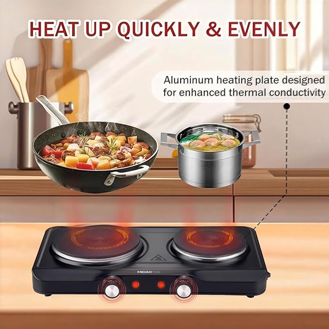 1800W Electric Hot Plate for Cooking, Double Burner with 7.2"&6.1" Cast Iron Heating Plate, Portable Cooking Stove, Adjustable Temperature Controls, Easy to Clean, Compatible for All Cookwares