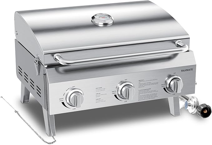 Tabletop Gas Grill 3-Burner, 22-inch Portable Propane Grill, 30,000 BTUs Stainless Steel Grill with Foldable Legs, Ideal for BBQ, Camping, Patio, Backyard, Tailgate, and Holiday Gatherings