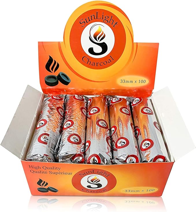 Sunlight® Charcoal Tablets for Incense– Quick Light Charcoal Tablets – Charcoal Disk Lights – 33 mm Resin Burner Rolls – – Charcoal Burner - Instant Fire Coal Tablet (100 Count (Pack of 1))