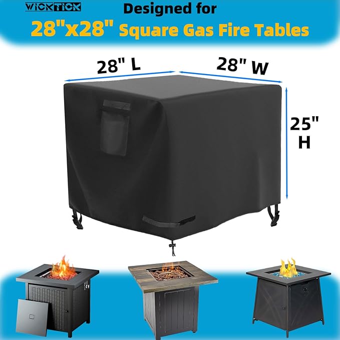 WICKTICK Square Gas Fire Pit Cover 28 x 28 x 25 Inch, Waterproof & 600D Heavy Duty Fire Table Cover, Compatible with Ciays, Xbeauty, Yaheetech, BALI OUTDOORS and more 28x28 Inch Patio Propane Firepits