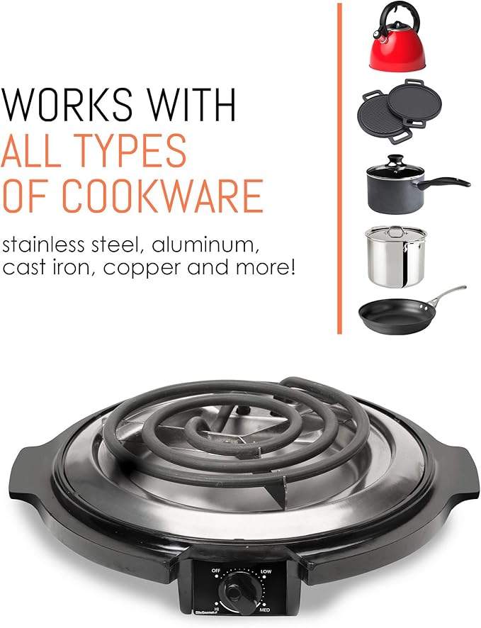 Elite Gourmet ESB-300X Single Countertop Coiled Burner, 1000 Watts Electric Hot Plate, Temperature Controls, Power Indicator Lights, Easy to Clean, Black (Pack of 2)