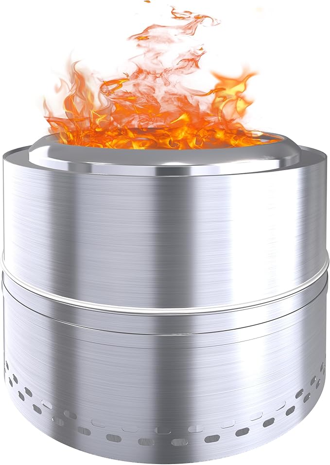 Smokeless Firepit Bonfire 20", Outside Wood Burning Metal Stove Stainless Steel Fire Pit with Carry Bag, Portable Camping Propane Patio Backyard, Easy Setup & Cleaning (Silver Without Hallow)