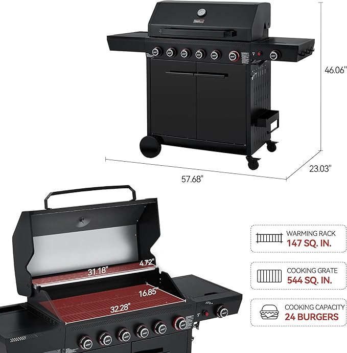 Royal Gourmet GE6001H 6-Burner Gas Grill, 72,000 BTU, 691 Sq. In. Cooking Area, with Sear and Side Burner, Side Shelf with hooks, spice basket, Movable Cabinet Style Grill for Outdoor Grilling, Black